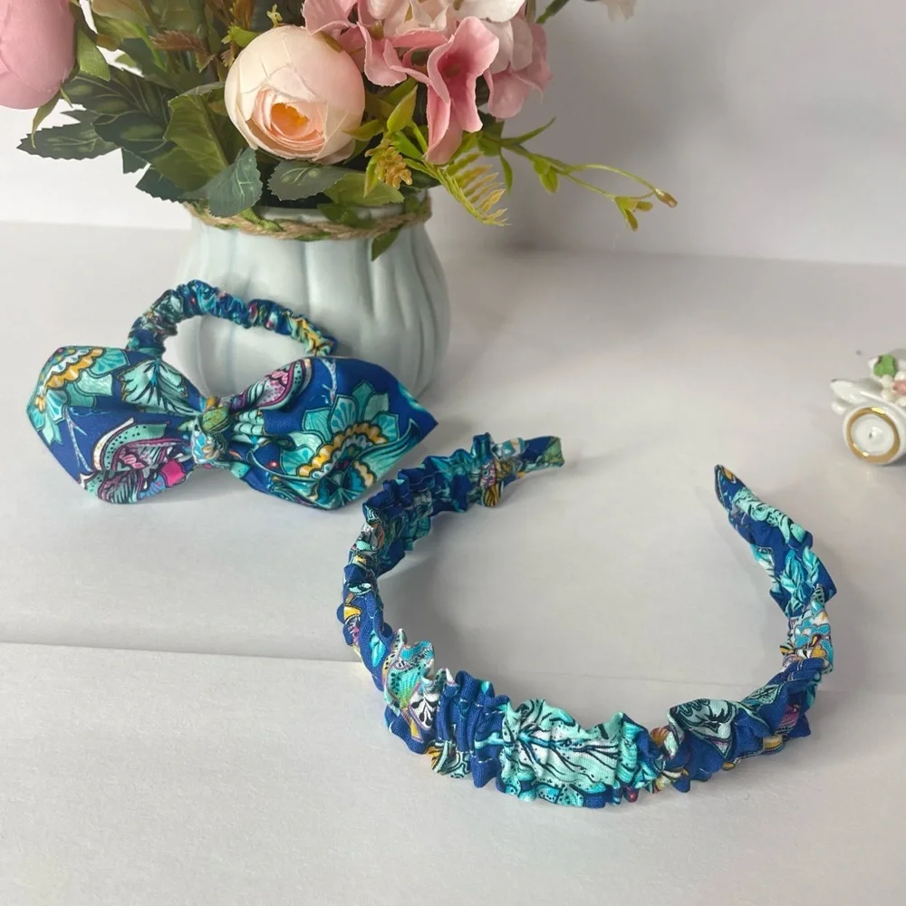 Ruffle Headbands end Scrunchie Set Girls Handmade Hair floral blue